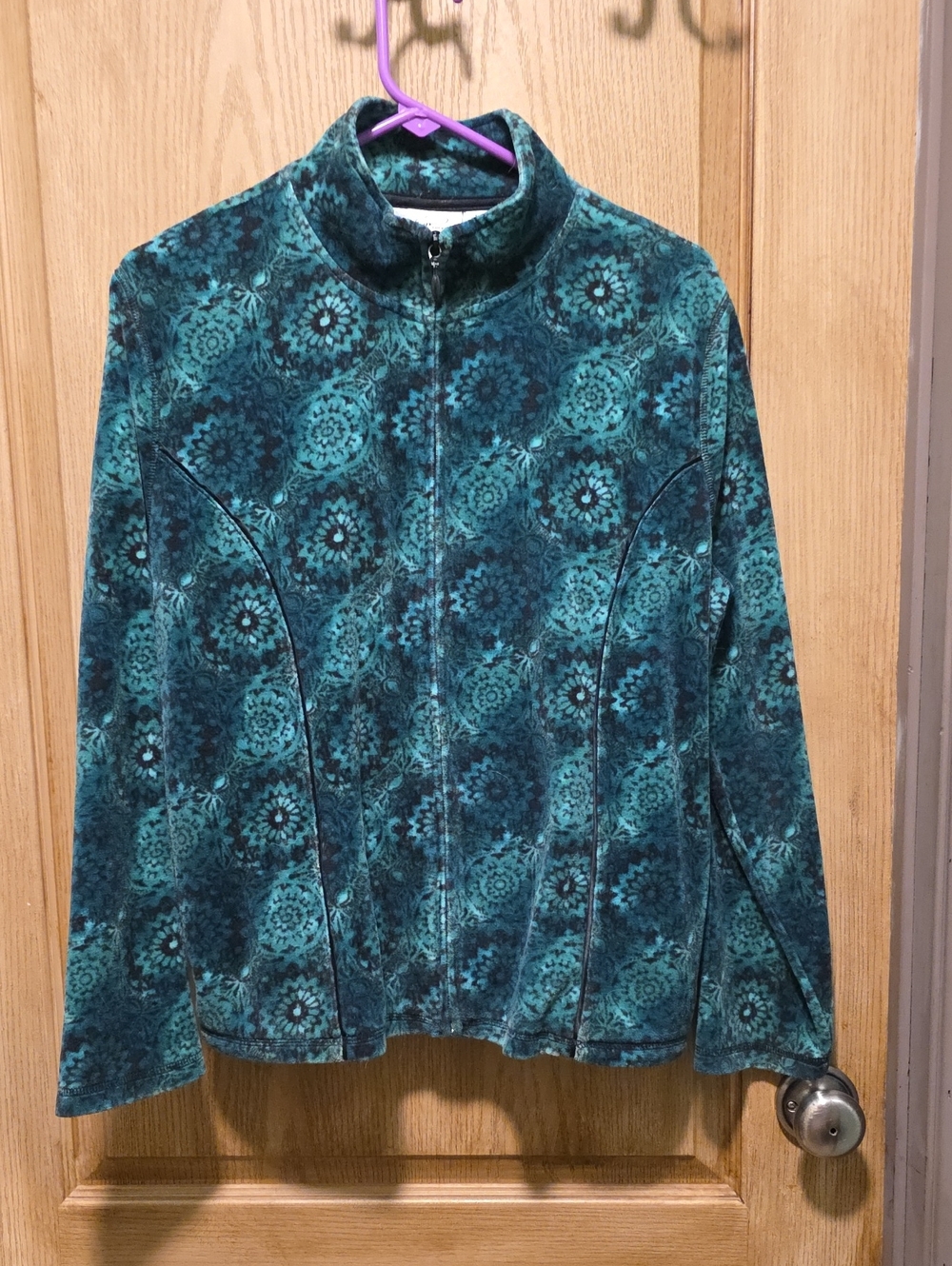 Kim Rogers Teal and Dark Teal Patterned Zip-Front Teddy Jacket